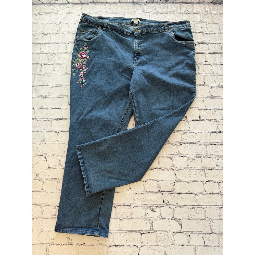 Vintage Woman Within Embroidered Floral Demin Blue Jeans Women's Plus Size 26W